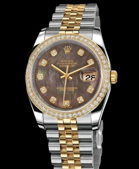 Replica Rolex Watches for Women Watch Rolex Datejust Rolesor 36 mm Oyster Perpetual 116243-63603 Yellow Rolesor - Setted Bezel & Diamonds Indexes